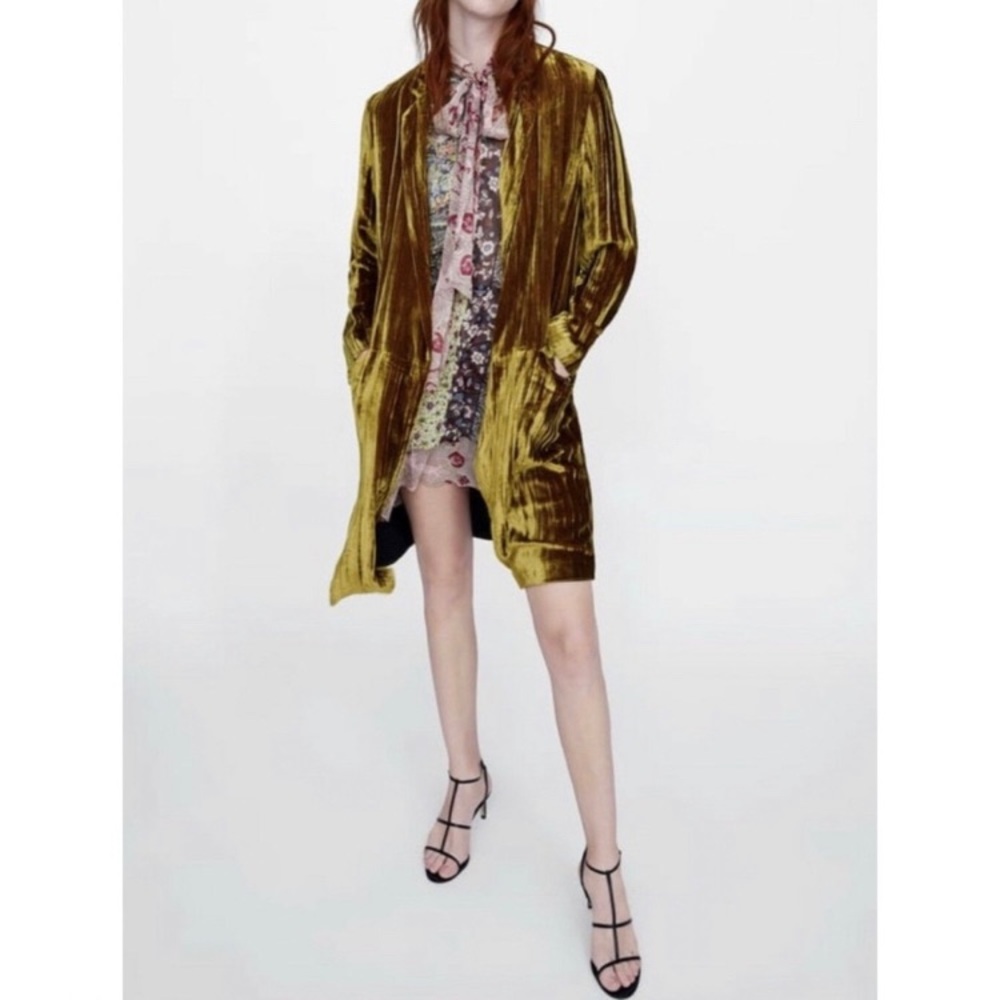 Zara Crushed Velvet Mustard Gold Long Duster Jacket